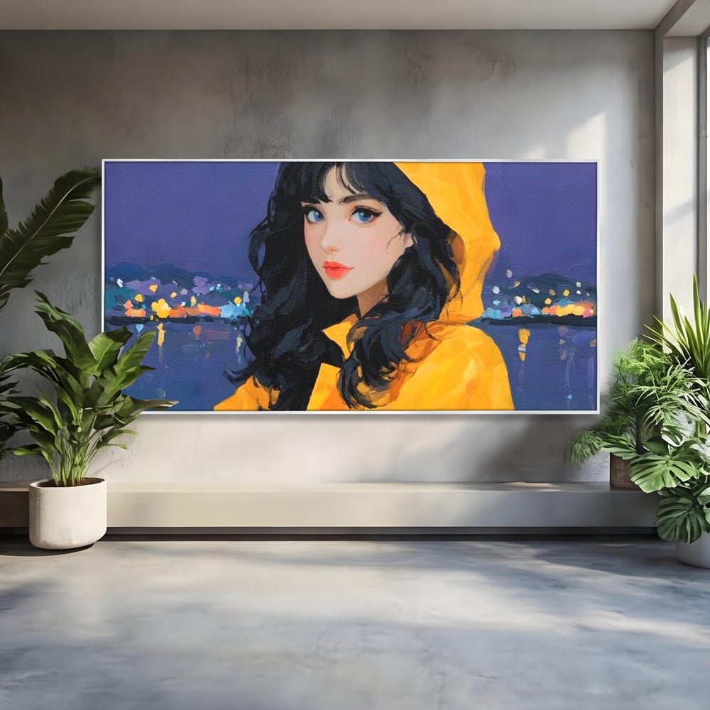 Tablou canvas cu tablou canvas cu femeie in pelerina galben, in rama de aluminiu argintiu